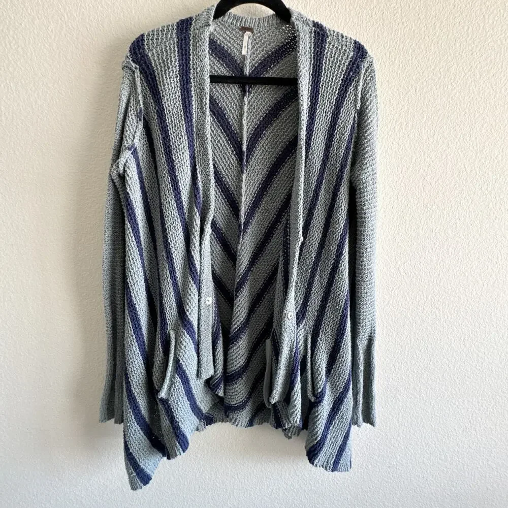 Free People Circle Back Cardigan Blue XS Striped Draped Knit Sweater